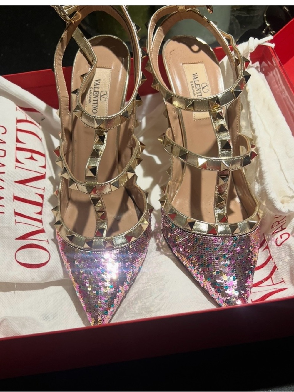 Valentino Garavani Gold T-Strap Heels with Pink Sequin Toes